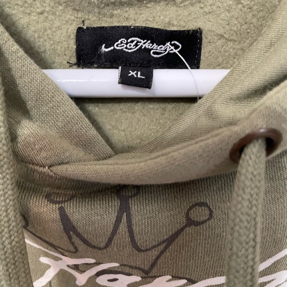 Ed Hardy lt olive long sleeve pullover hoodie double sided graphics XL New - Picture 3 of 11